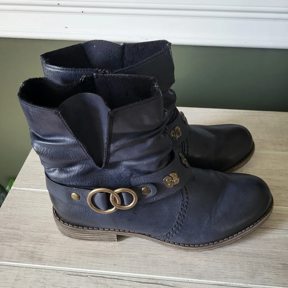 Rieker Women Peggy Blue Ankle Winter Boots Buckle‎ Side Zipper 5.5 US 36 EU